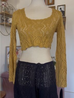 yellow almost famous boho crochet knit bell sleeve crop top